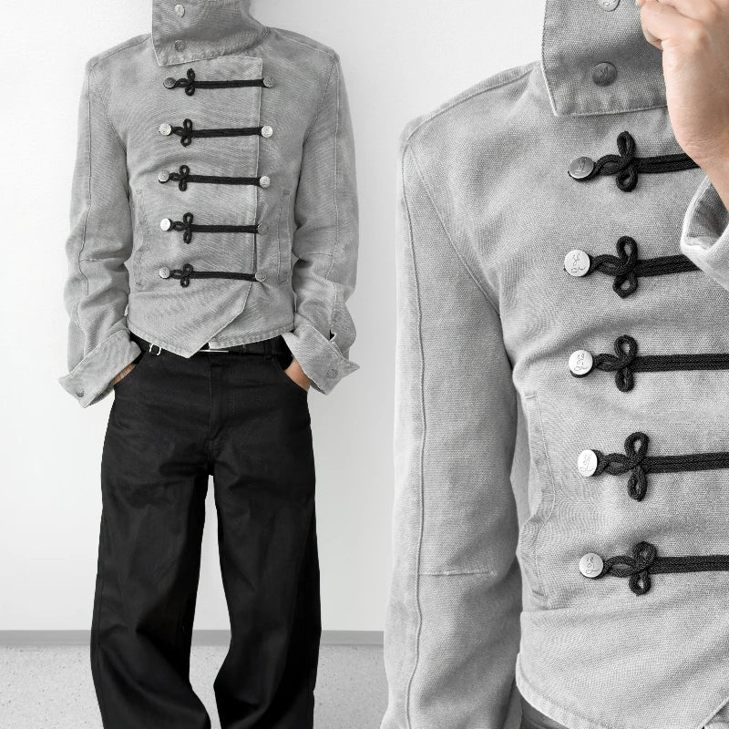 Y2K Retro Napoleon Jacket Men Women Gothic Rope Embroidery Jacket High Street Subculture Streetwear Unisex Canvas Cotton Coat